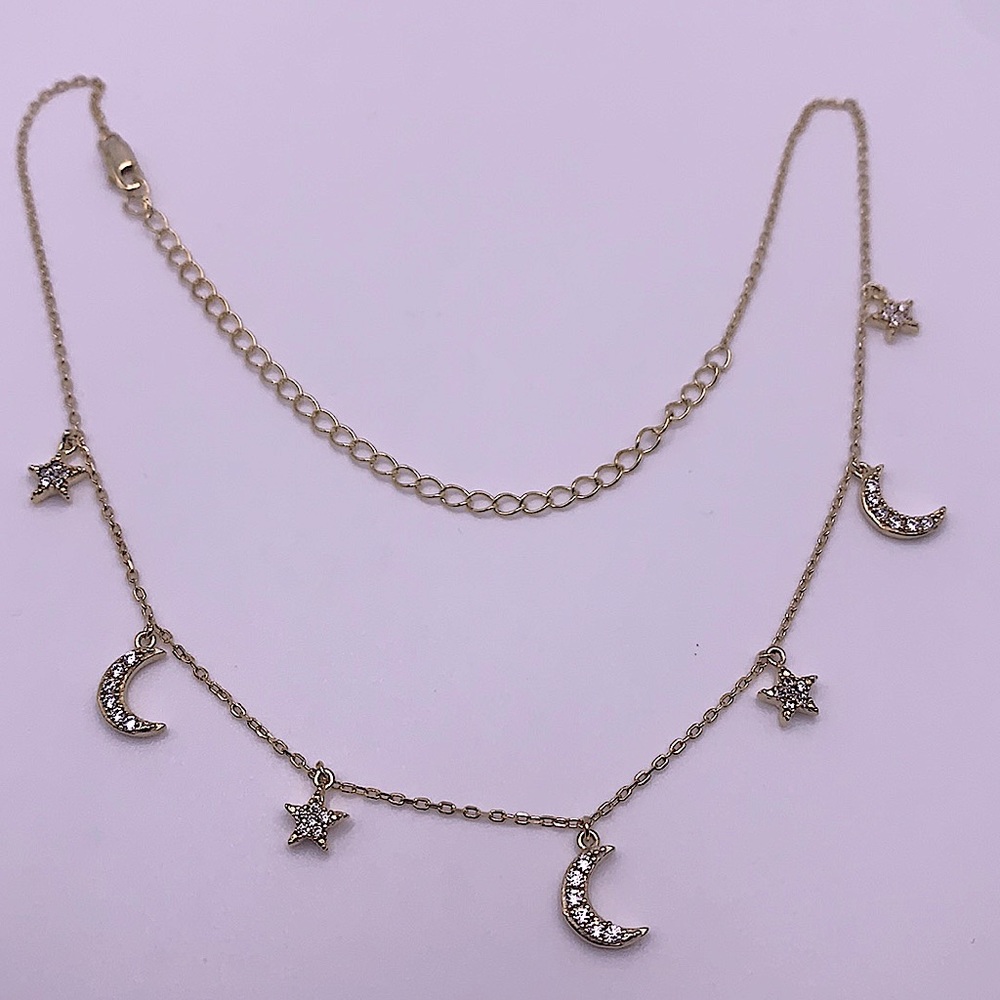 Gold Chain With Pave Moon and Star Charm Necklace - NEW - Picture 4 of 4